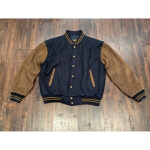 Luna Pier Jacket Mens M Navy Brown Wool Suede Varsity Embroidered EMS EMT Scene